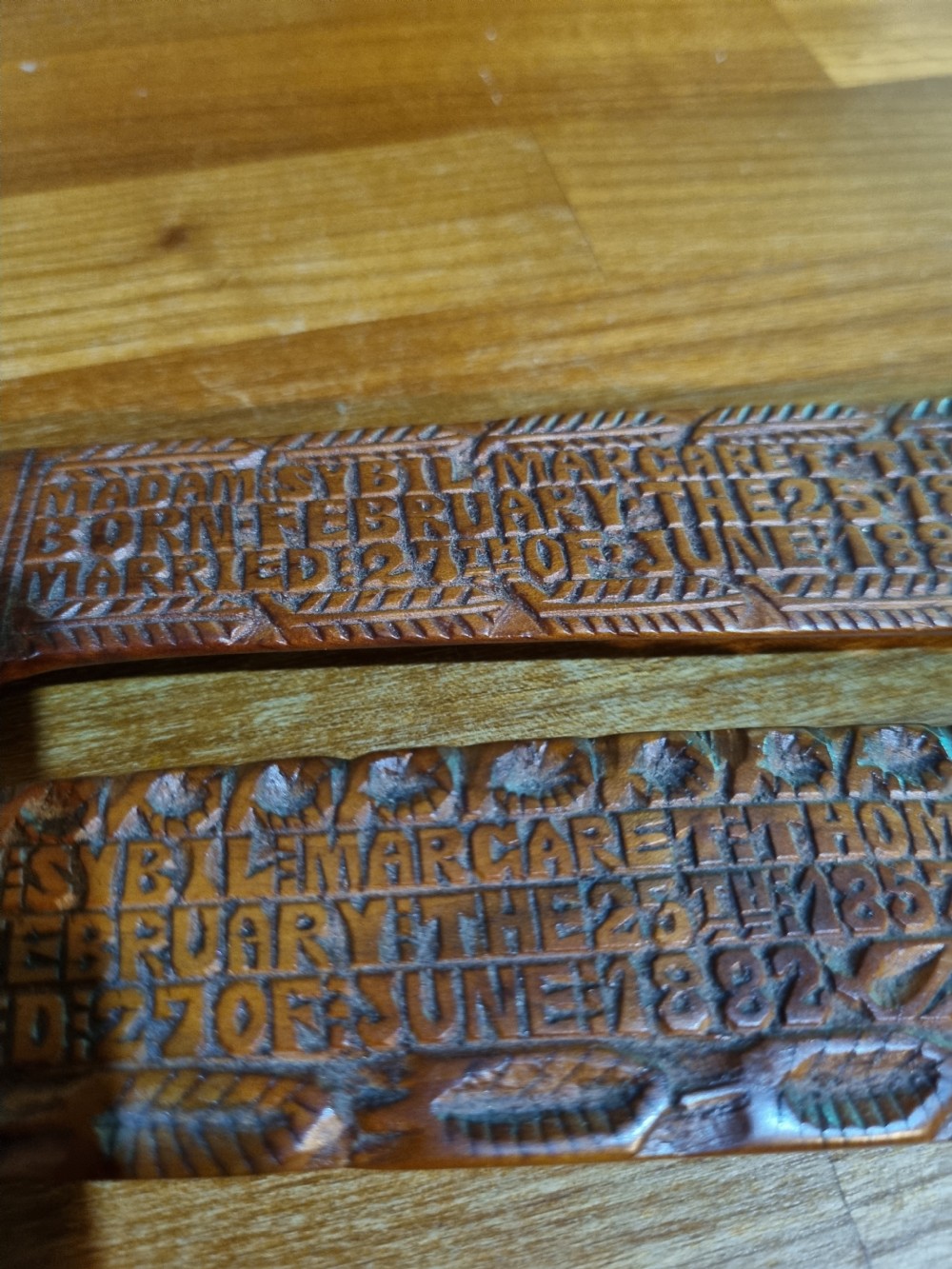 RARE PAIR OF 19THC CARVED WELSH LOVE SPOON AND FORK DATED 1882 View III