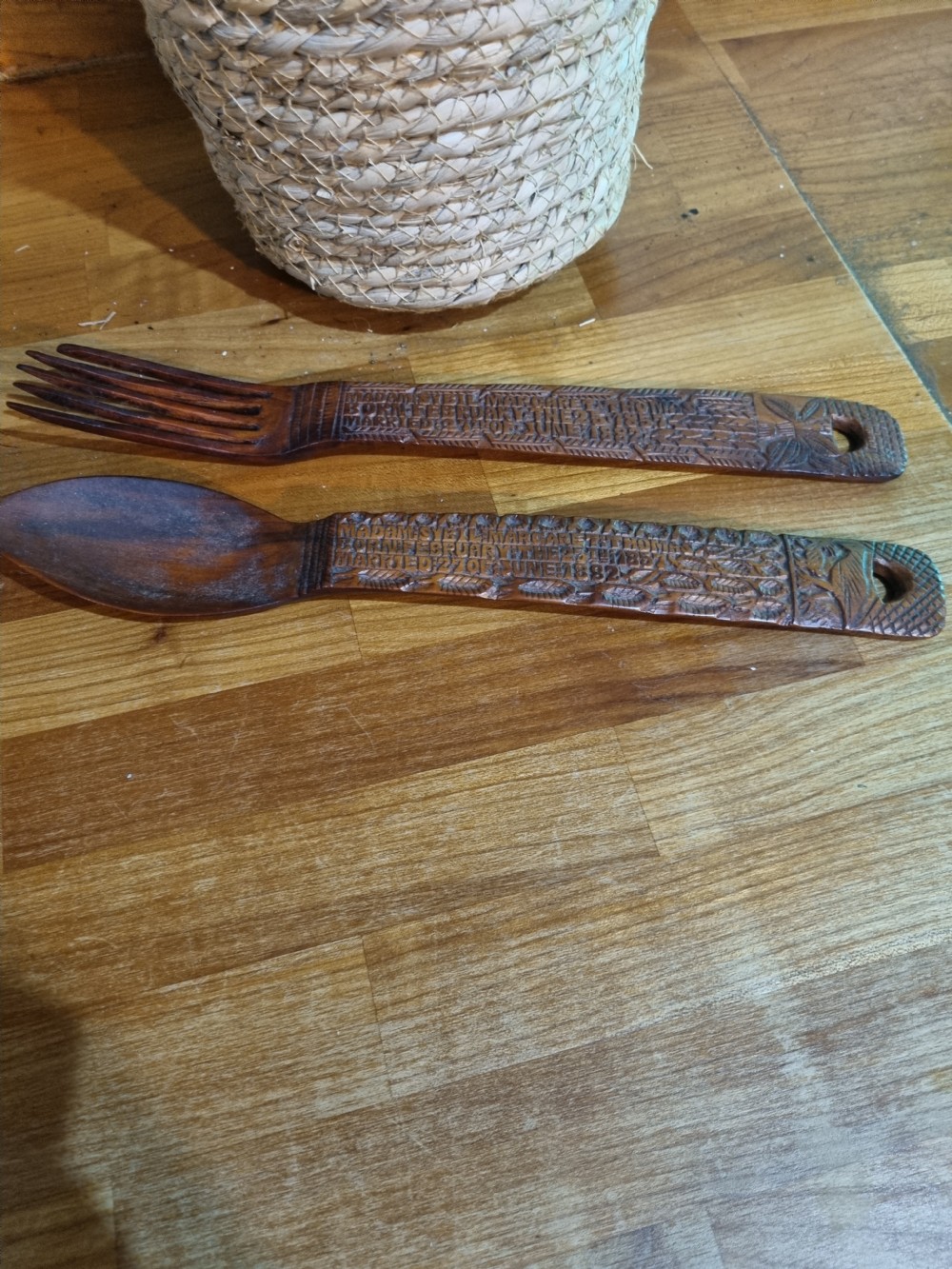 RARE PAIR OF 19THC CARVED WELSH LOVE SPOON AND FORK DATED 1882 View V