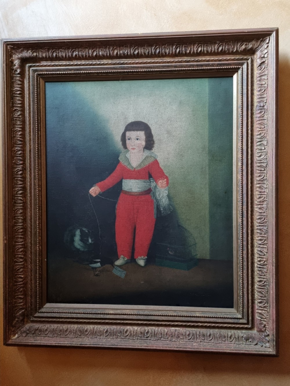 LARGE 19THC OIL ON CANVAS OF A YOUNG BOY? WITH BIRDS SIGNED .