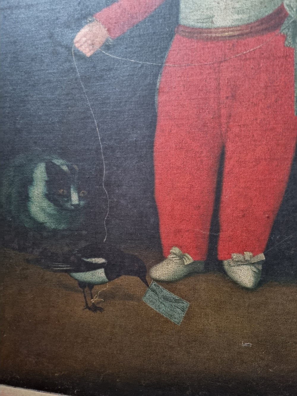 LARGE 19THC OIL ON CANVAS OF A YOUNG BOY? WITH BIRDS SIGNED . View III