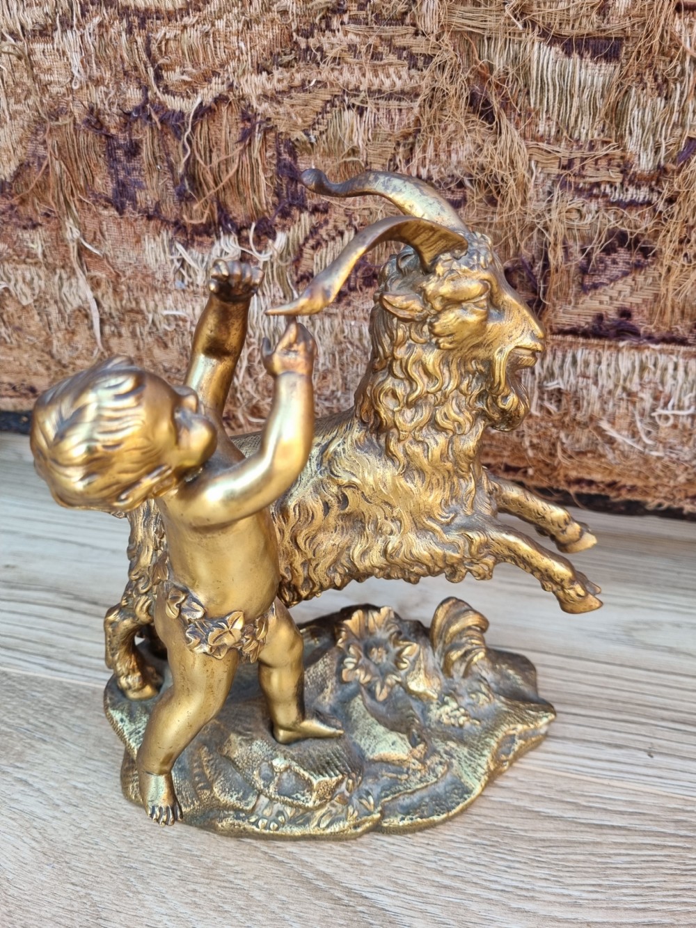 QUALITY 19THC GILT BRONZE OF A CHERUB PLAYING WITH A GOAT  View VII