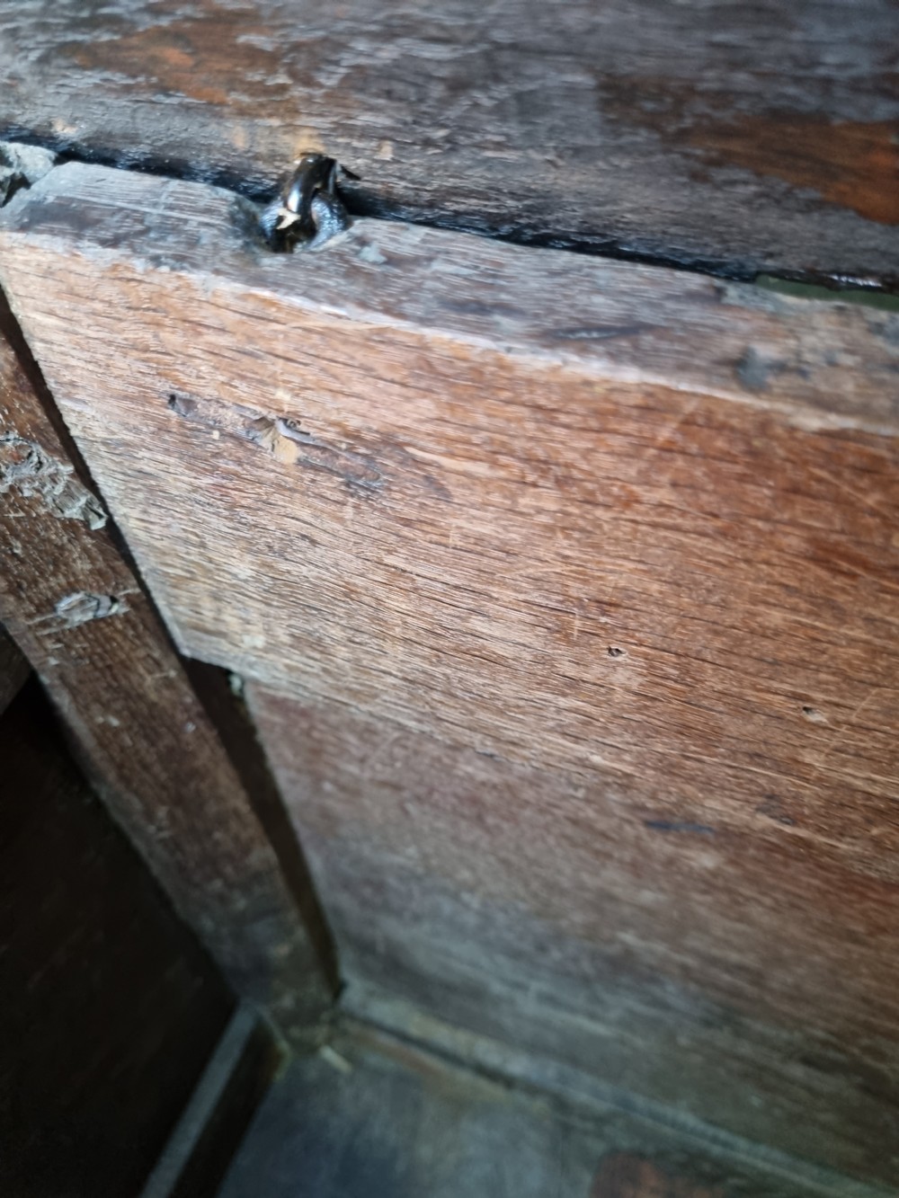 GOOD LATE 17THC CARVED OAK COFFER ORIGINAL THROUGHOUT. View IV