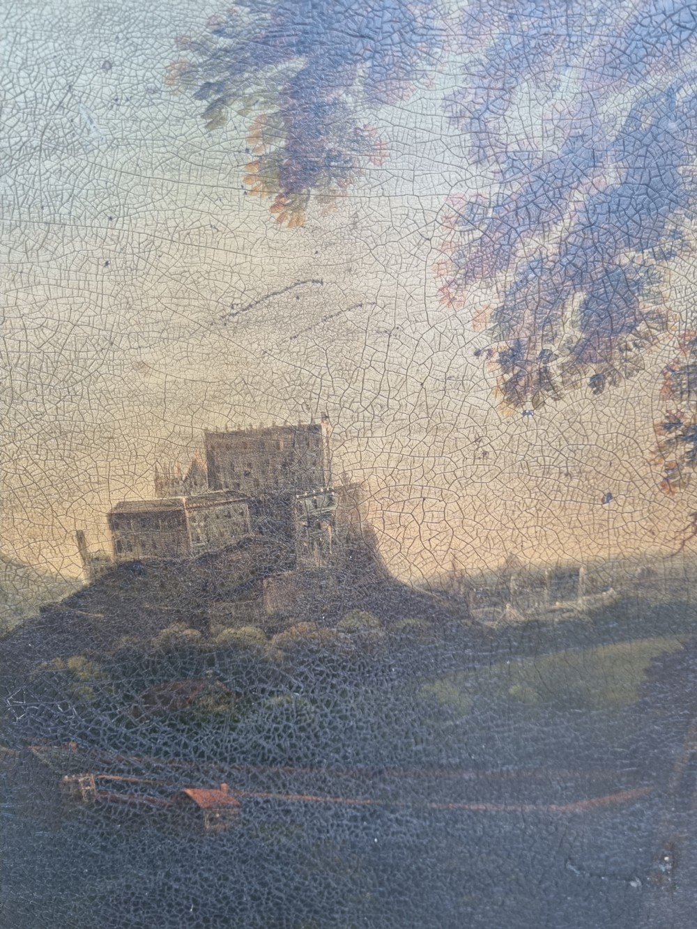An 18th-century rectangular papier-mache tray featuring a painted landscape scene with figures fishing and a gilded foliate border. View III