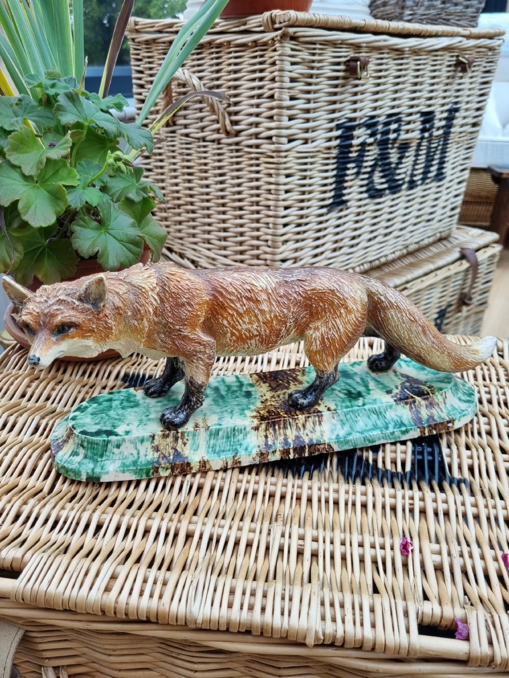 UNUSUAL ANTIQUE STONEWARE LARGE MODEL OF A FOX 