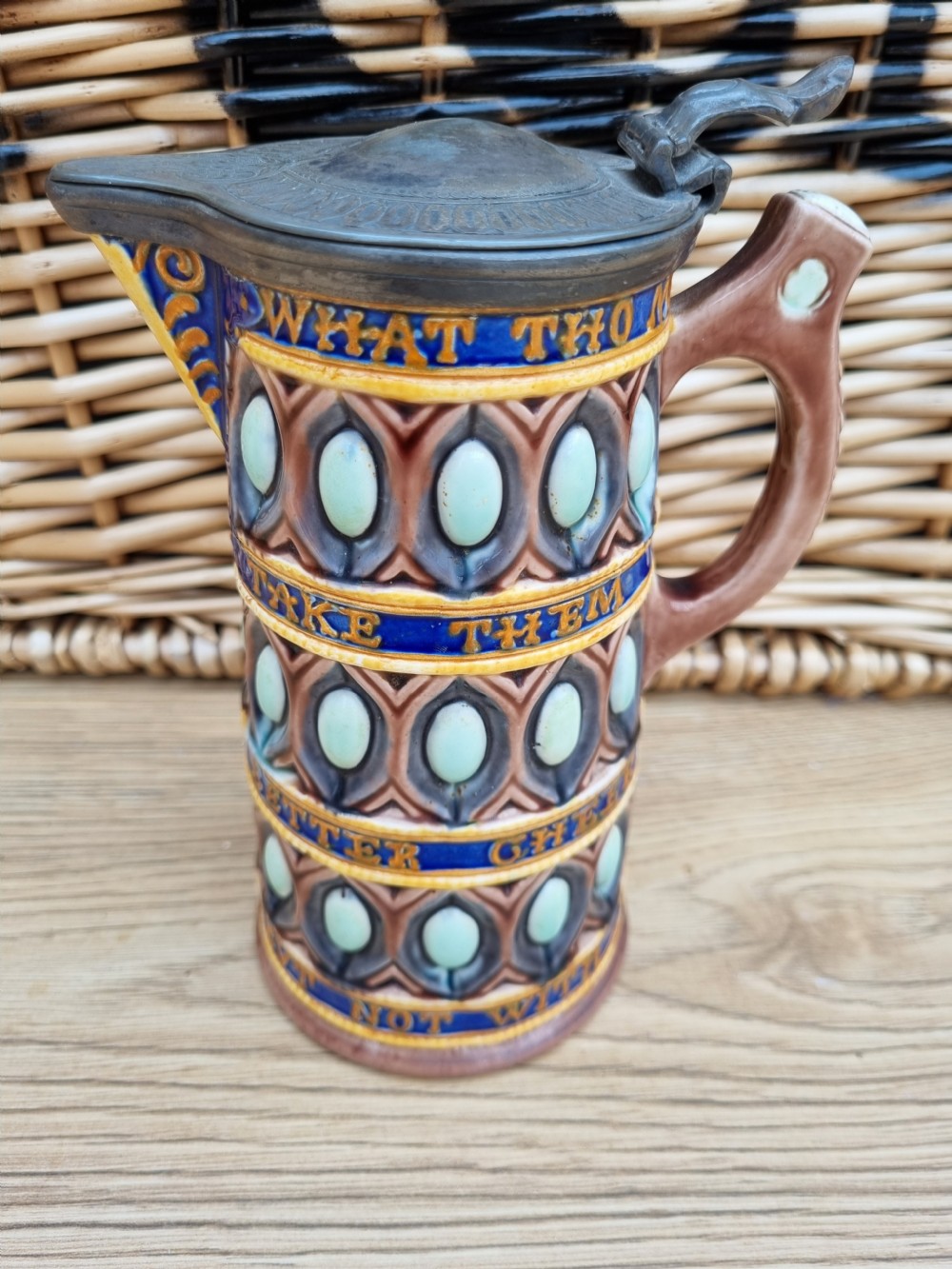 WEDGWOOD MAJOLICA SLOGAN JUG 
GOTHIC SHAKESPEARE  View VII