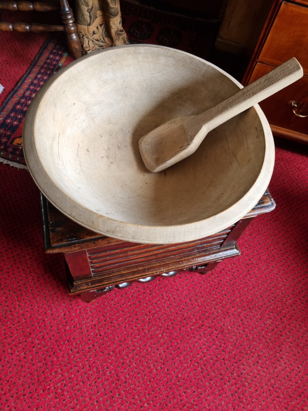 EXCEPTIONAL LARGE 19THC SYCAMORE 18INCH DAIRY BOWL AND STIRRER