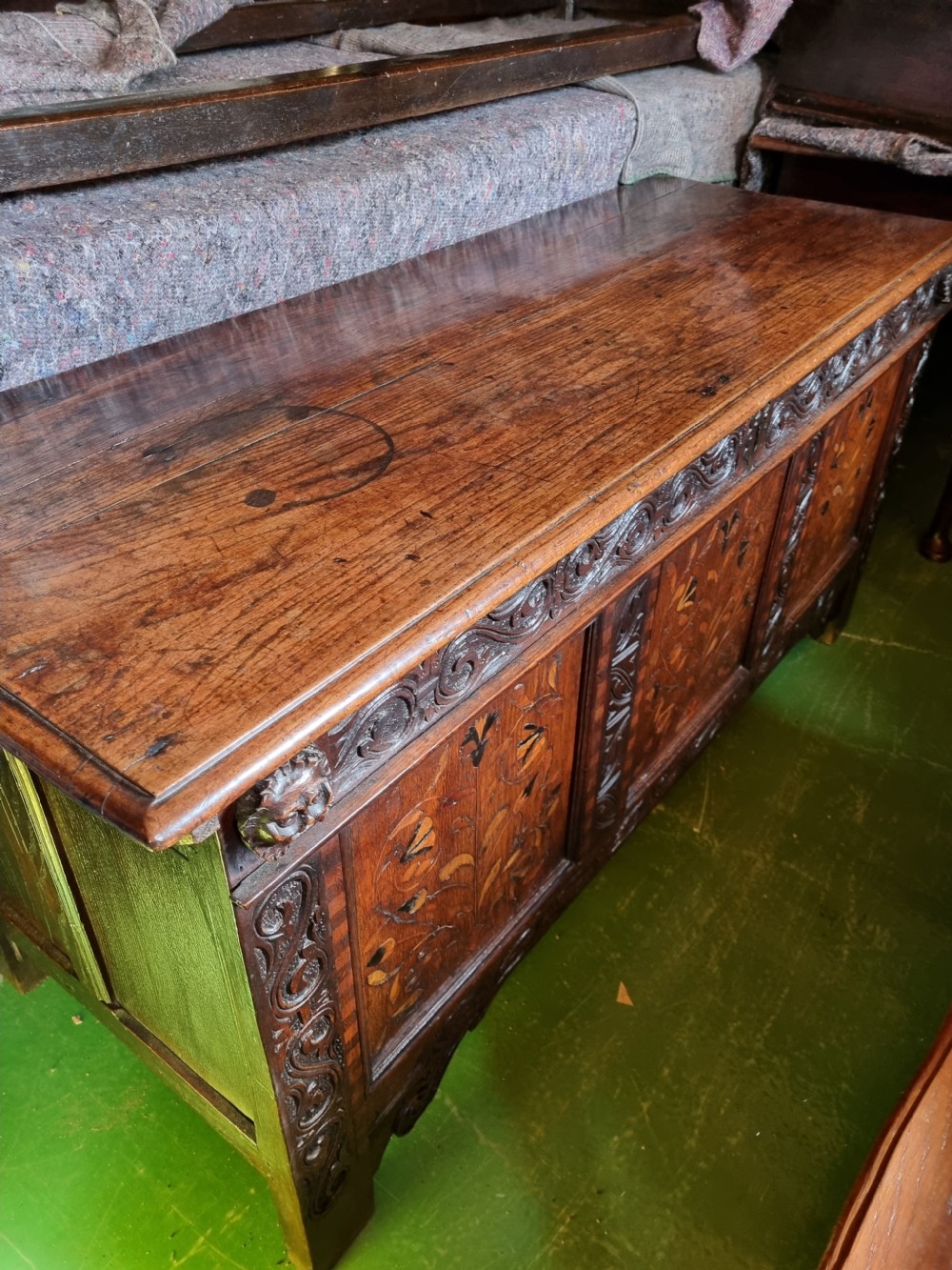 RARE MID 17TH C YORKSHIRE MARQUETRY PANELLED  OAK COFFER/KIST  View X