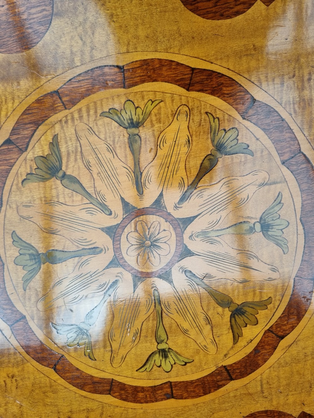 AMAZING ANTIQUE INLAID HEXAGONAL MAHOGANY/SATINWOOD TRAY View III