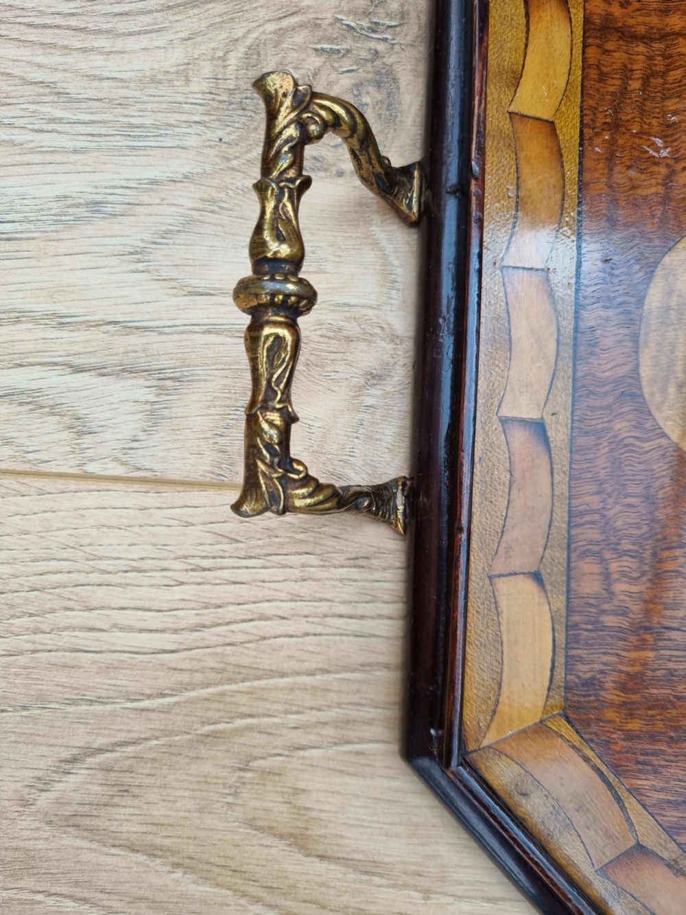 AMAZING ANTIQUE INLAID HEXAGONAL MAHOGANY/SATINWOOD TRAY View IV