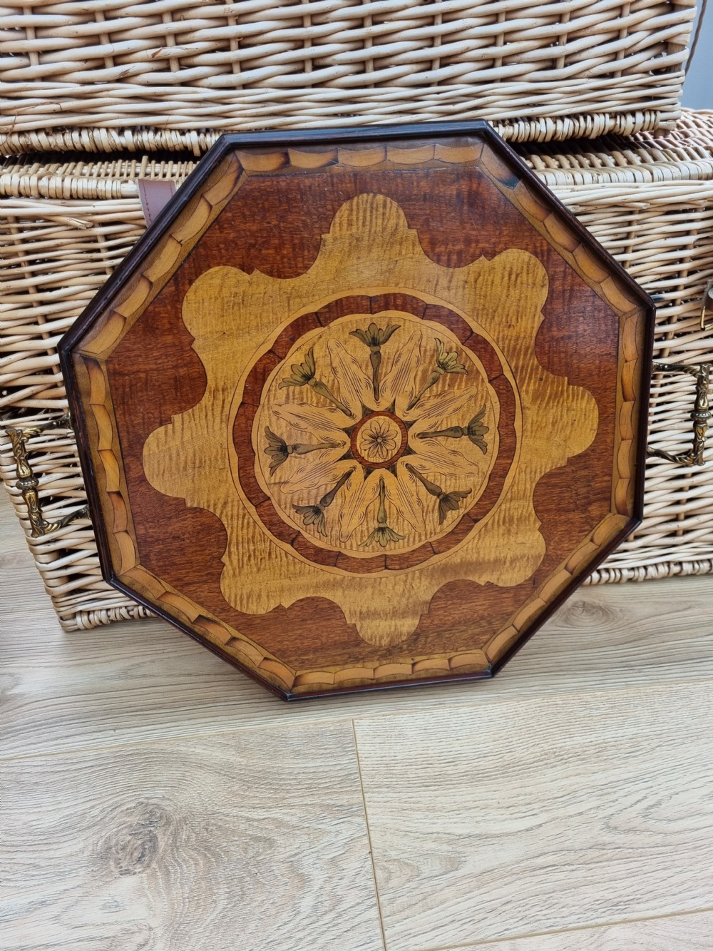 AMAZING ANTIQUE INLAID HEXAGONAL MAHOGANY/SATINWOOD TRAY View V