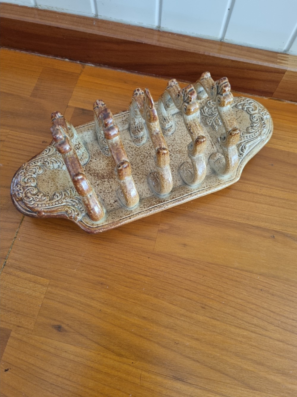DERBYSHIRE 19THCBRIDDEN STONEWARE TOASTRACK  View III