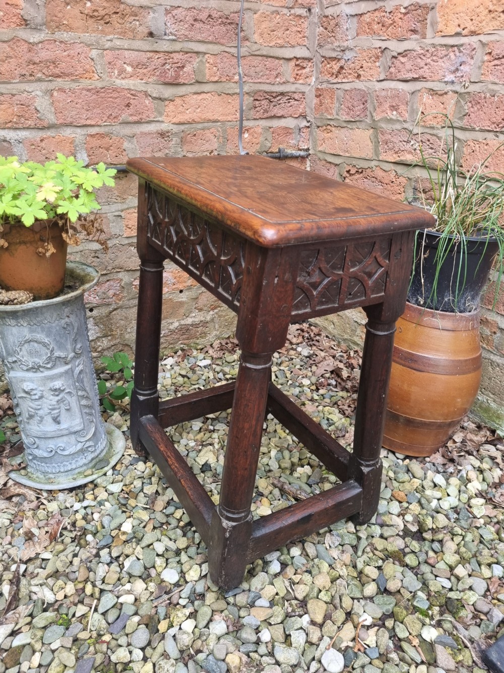 MID 17THC GOTHIC CARVED TALL OAK JOINT STOOL View V