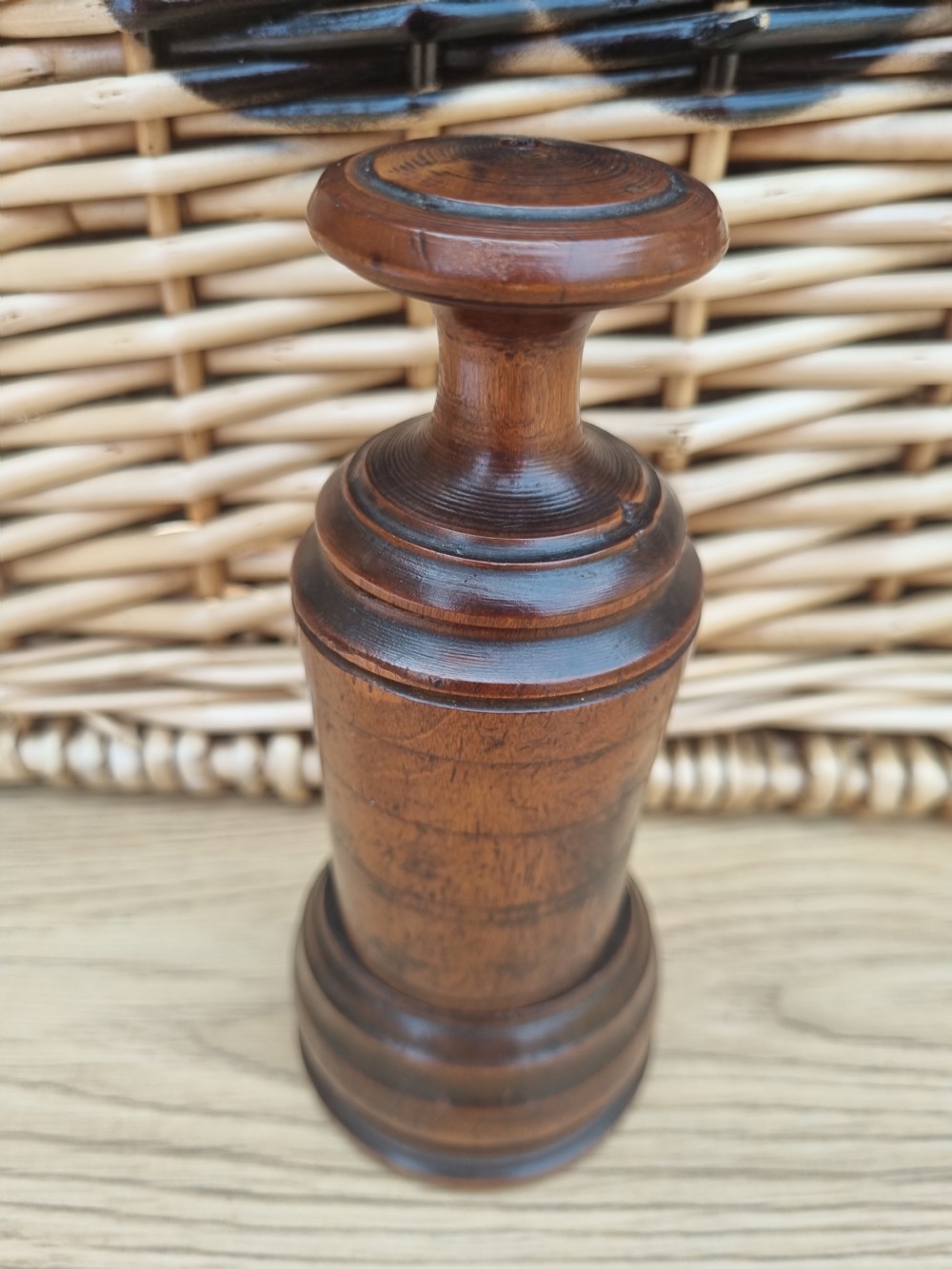 UNUSUAL 18THC TREEN FRUITWOOD MORTAR GRINDER. View V