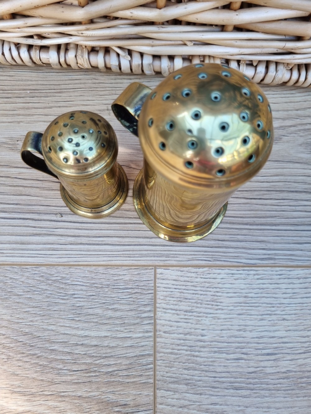2 GOOD 18THC BRASS SHAKERS /