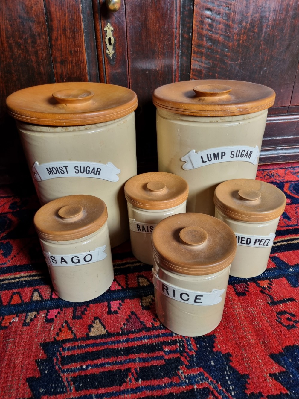 SET OF 6 19THC NAMED KITCHEN STONEWARE KITCHEN JARS View VI