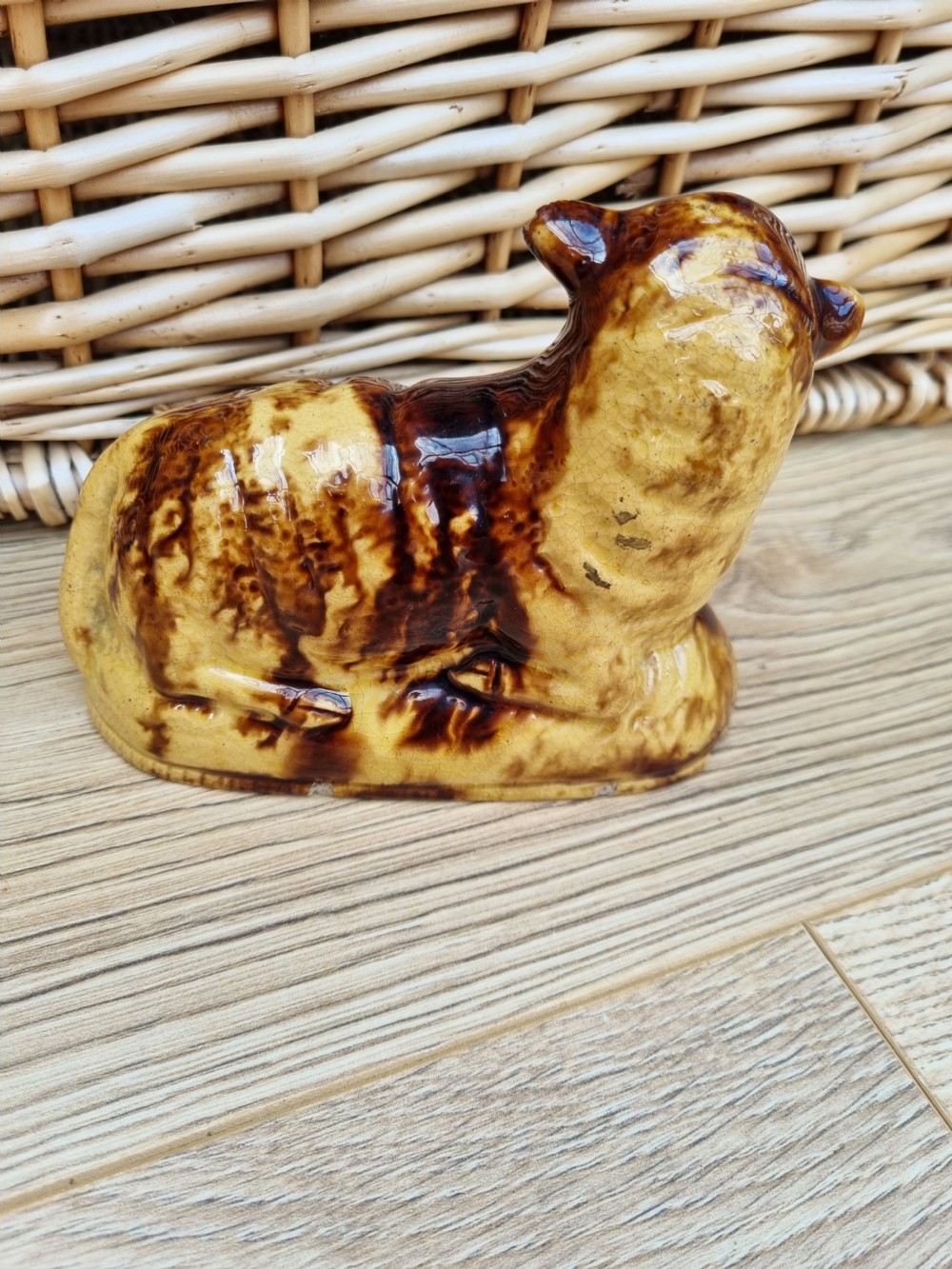 RARE LARGE L18THC RECUMBENT SHEEP BROWN AND YELLOW GLAZES View V