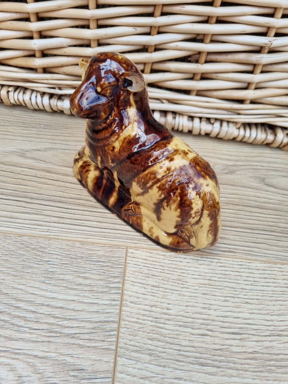 RARE LARGE L18THC RECUMBENT SHEEP BROWN AND YELLOW GLAZES View VI