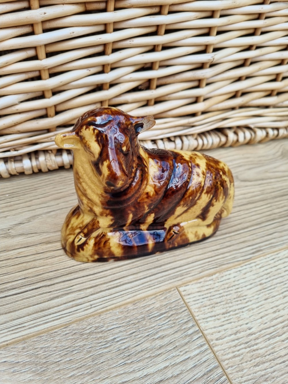 RARE LARGE L18THC RECUMBENT SHEEP BROWN AND YELLOW GLAZES View VII