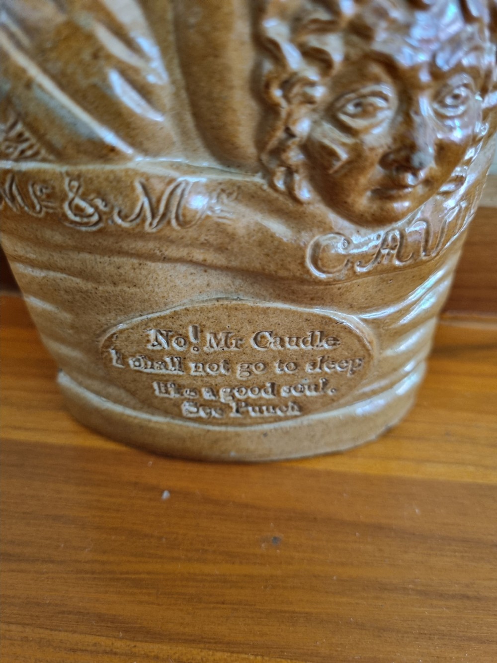 GOOD DOULTON AND WATTS MR CAUDLE STONEWARE GIN FLASK View II