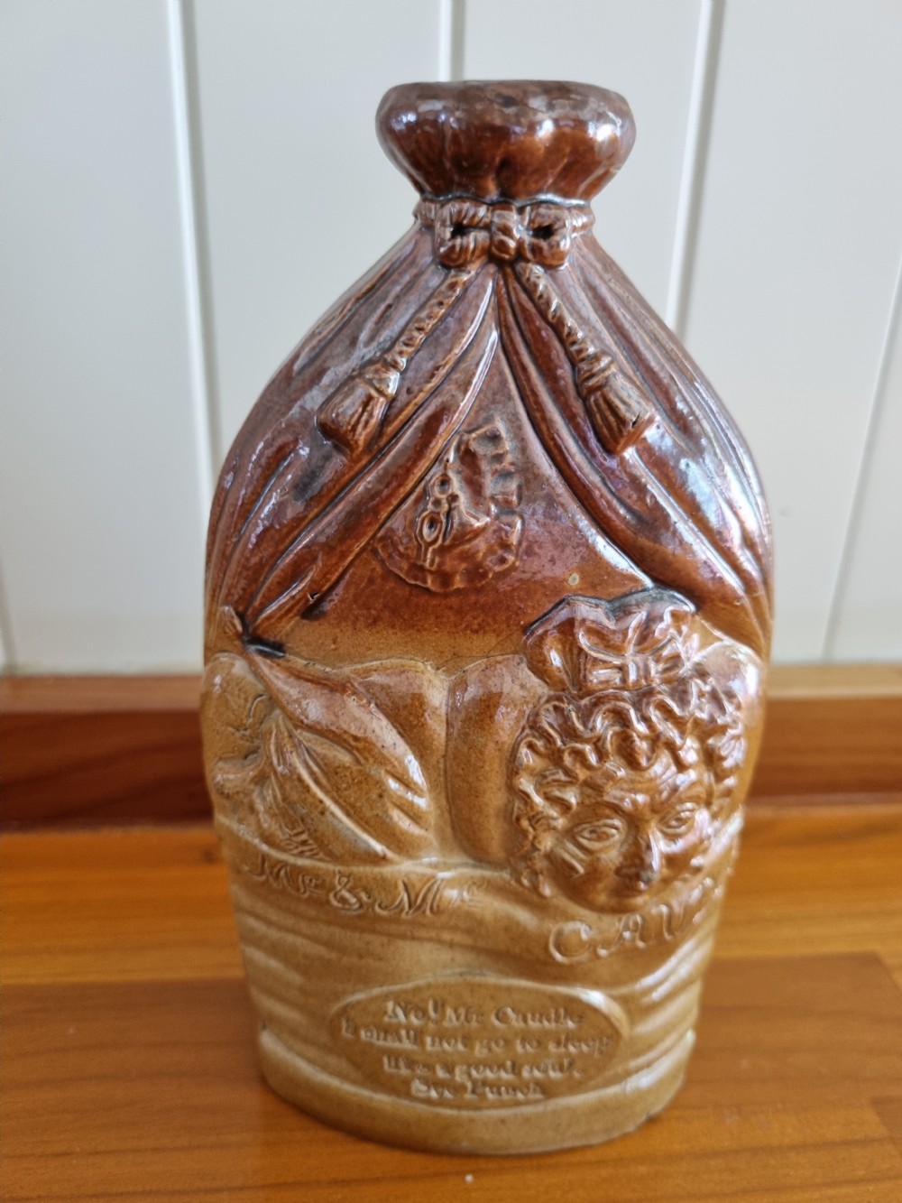 GOOD DOULTON AND WATTS MR CAUDLE STONEWARE GIN FLASK View V