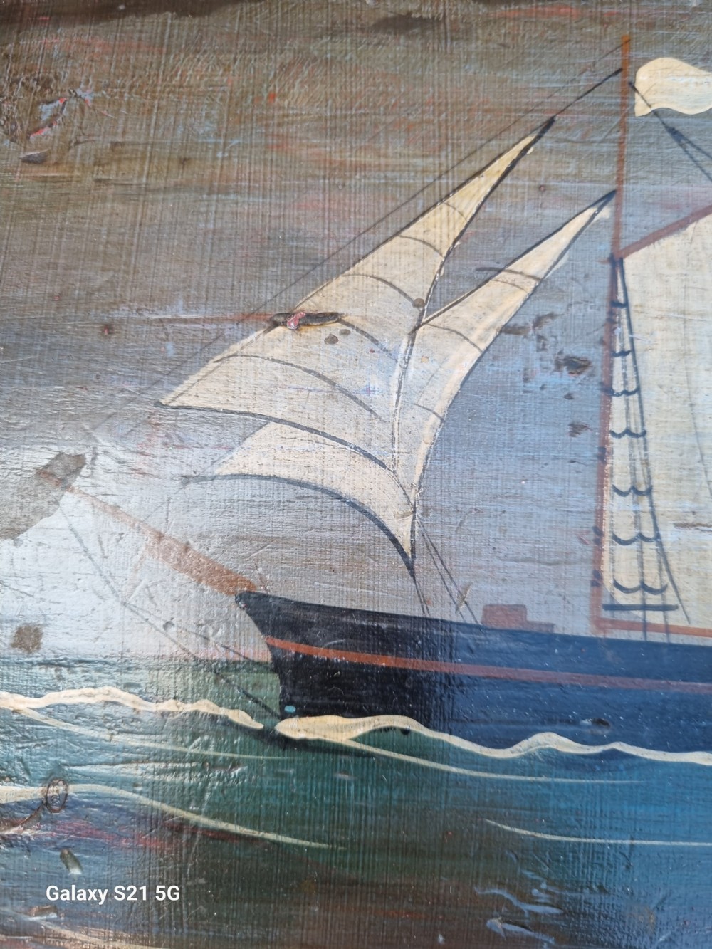 19THC PRIMITIVE PAINTED STOOL FEATURING A SALING SHIP View III