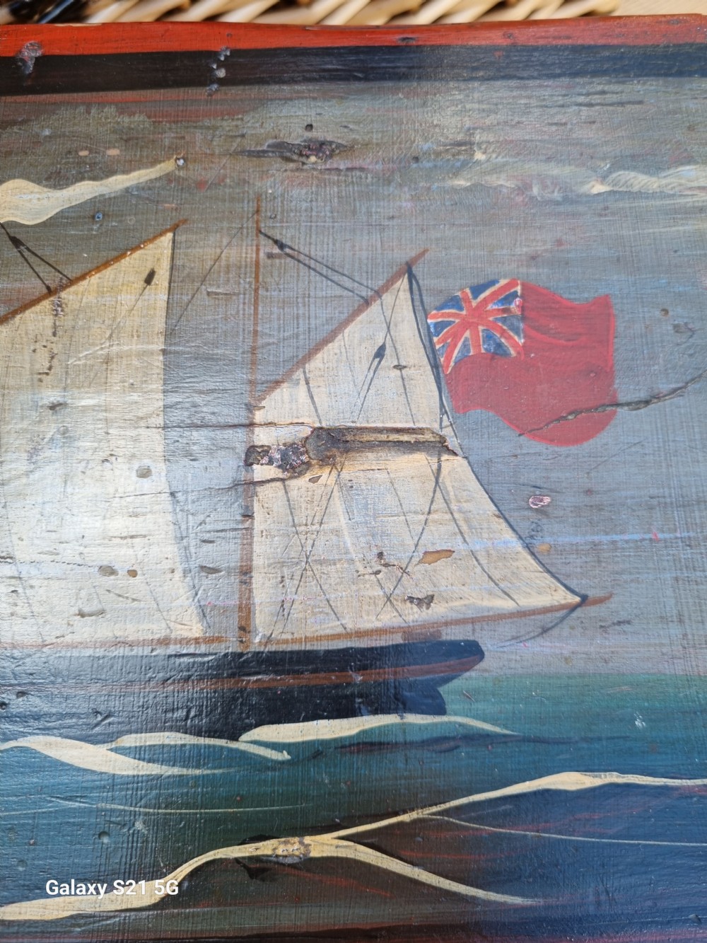 19THC PRIMITIVE PAINTED STOOL FEATURING A SALING SHIP View IV