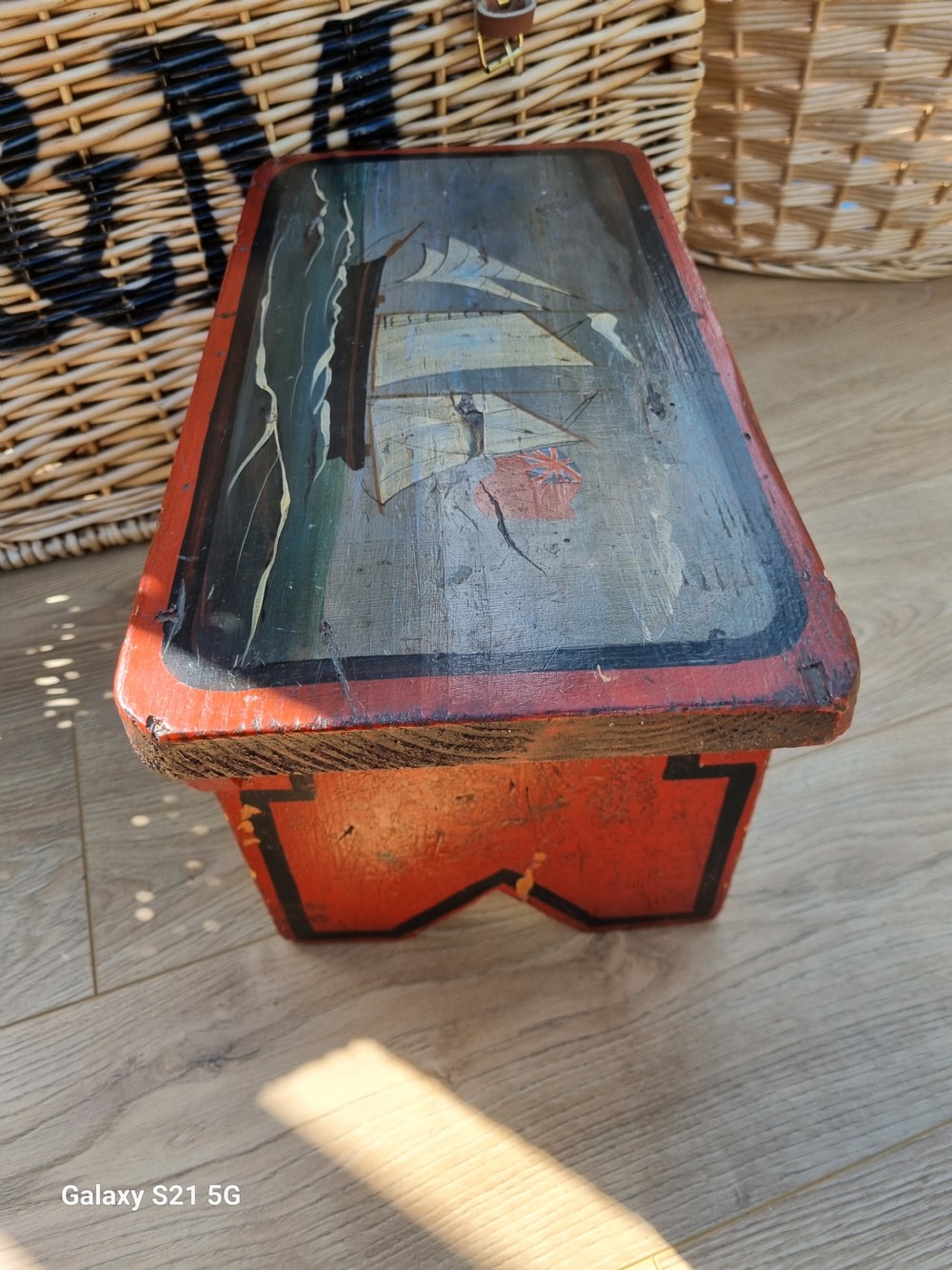 19THC PRIMITIVE PAINTED STOOL FEATURING A SALING SHIP View V
