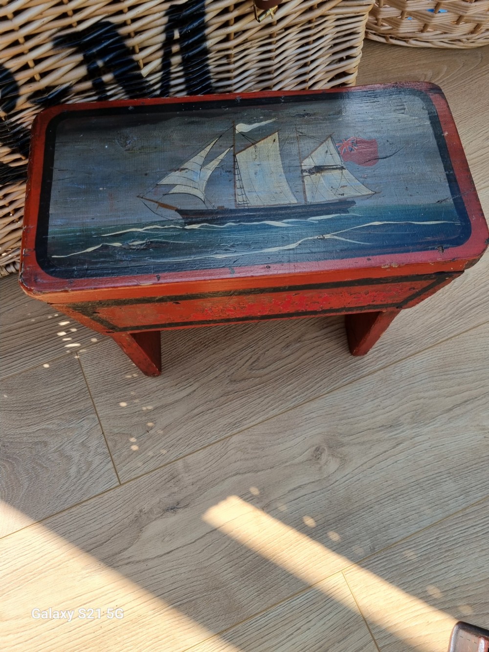 19THC PRIMITIVE PAINTED STOOL FEATURING A SALING SHIP View VII