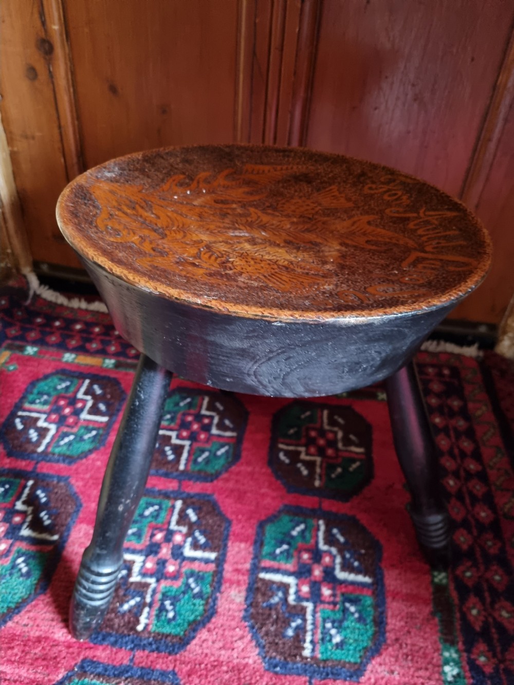 SCOTTISH 19THC FIRESIDE 3 LEGGED STOOL PROFUSELY SCRATCHED CARVED  View V