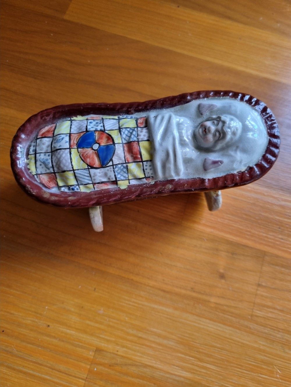 GOOD YORKSHIRE PRATTWARE POTTERY BABY IN A CRIB View II