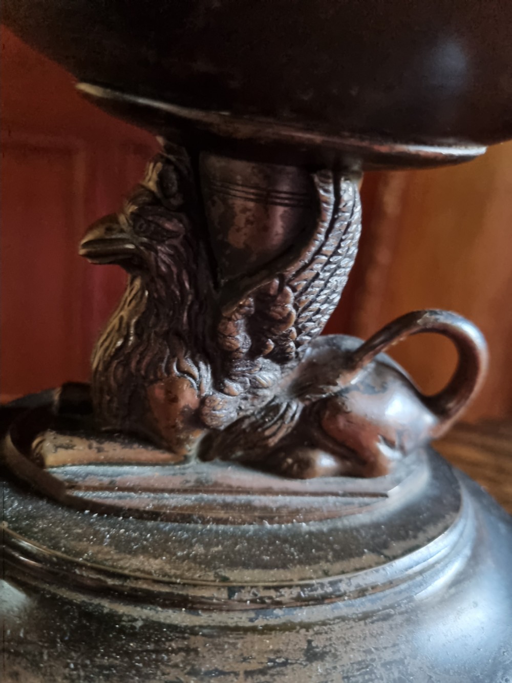 A dark patinated bronze and copper Regency tea samovar featuring a Greek key engraved border, side handles, spigoted tap, and pedestal base. View II