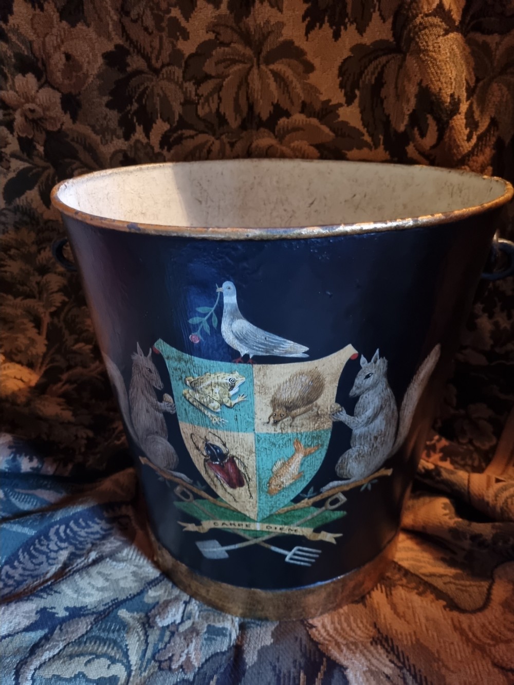 LARGE 19THC TOLEWARE DECORATED FIRE BUCKET . View V