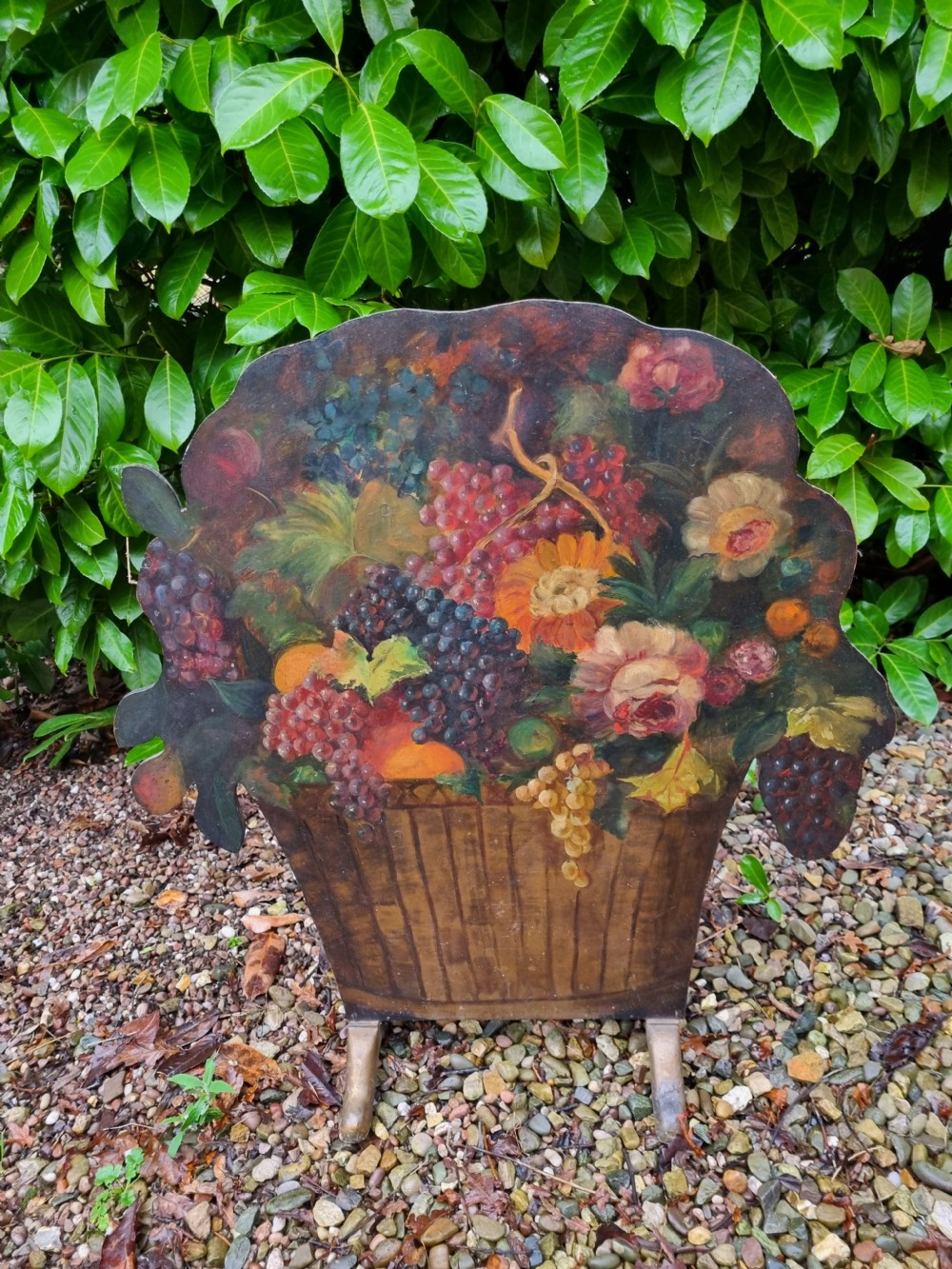 A 19th-century flat wooden dummy board shaped and hand-painted with a still life depicting a basket overflowing with flowers and fruit. View VII