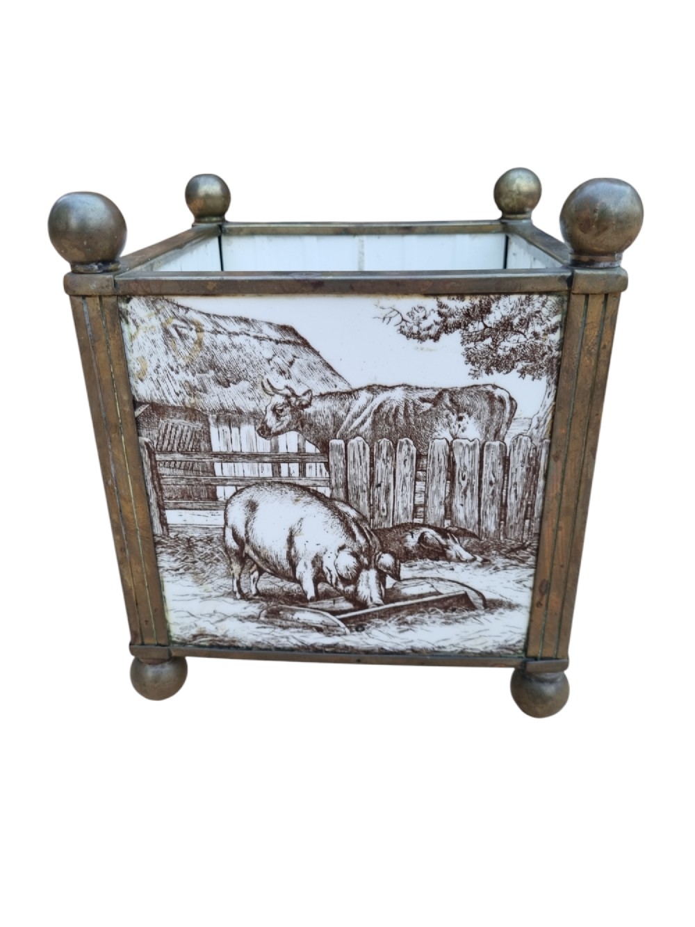 A MINTON TILE FARMYARD ANIMALS BRASS BOUND JARDINIERE 