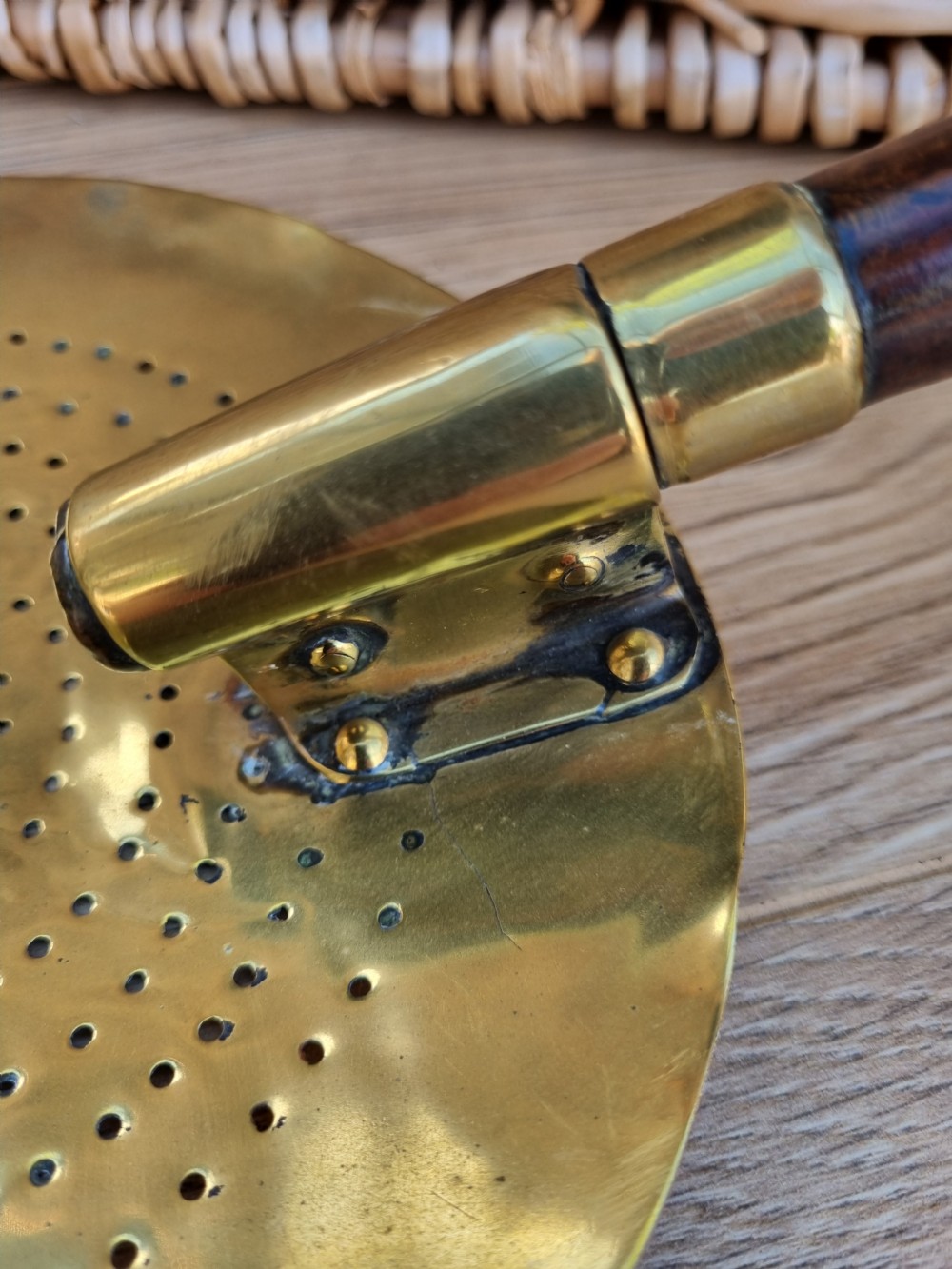 AN UNUSUAL 18THC BRASS HAND HELD MILK SKIMMER  View IV