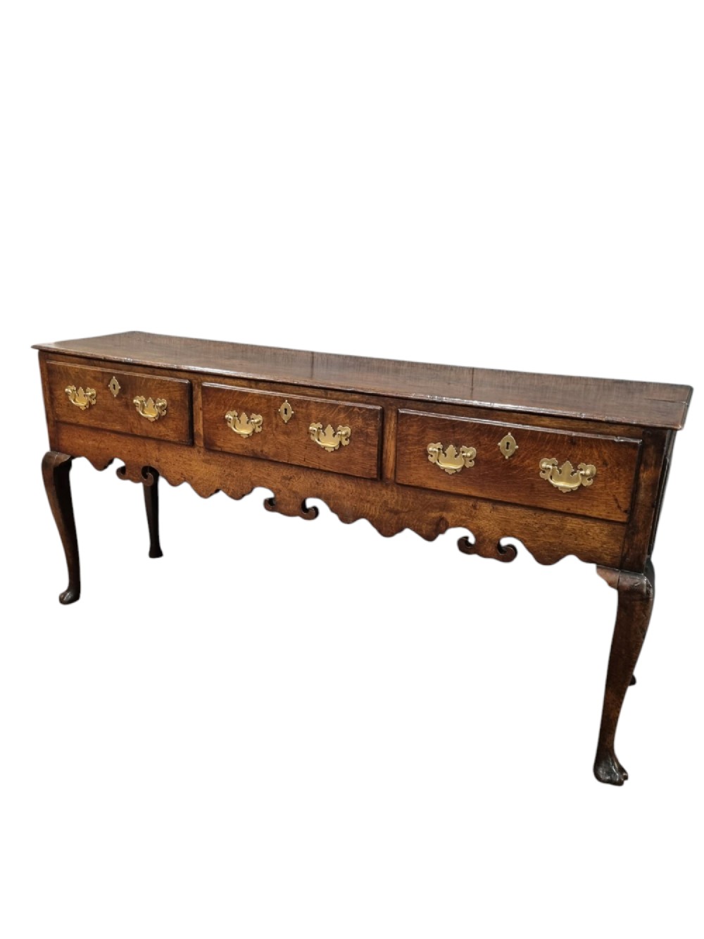 18THC OAK SHROPSHIRE DRESSER BASE ON ORIGINAL HOOF FEET.