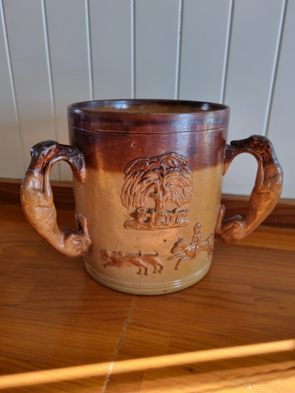LARGE 19THC 3 HANDLED PERFECT STONEWARE TYG View VI