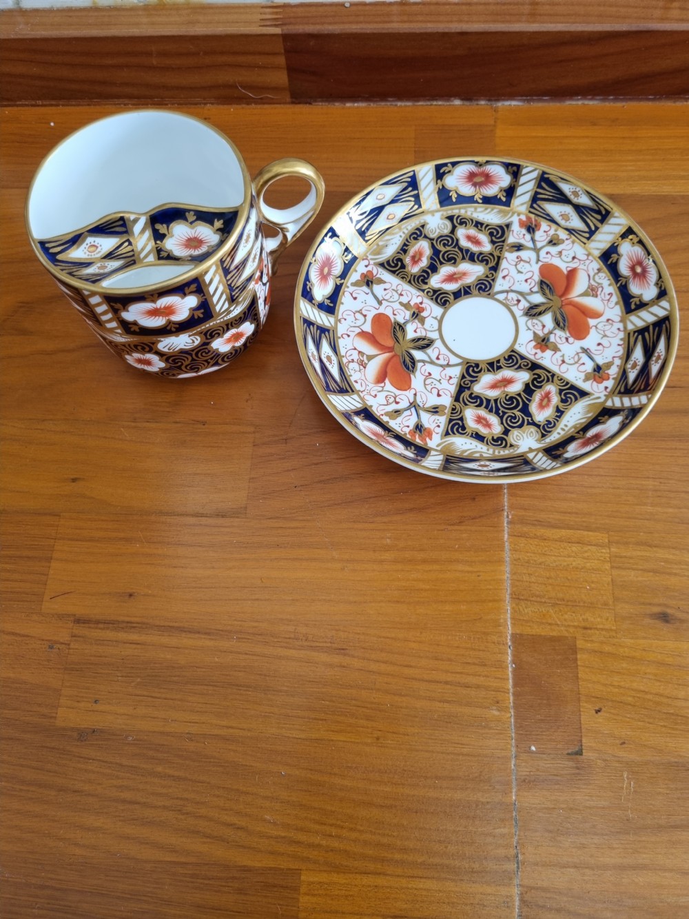 ROYAL CROWN DERBY 2451 IMARI PATTERN MOUSTACHE CUP AND SAUCER PERFECT View II
