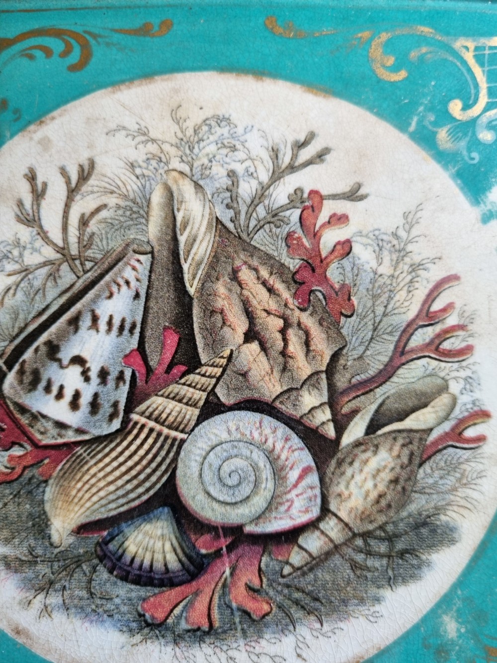 A pair of square Victorian Prattware ceramic teapot stands, one featuring a turquoise border with a marine shell medallion and the other featuring an ornate border with an equestrian scene. View IV