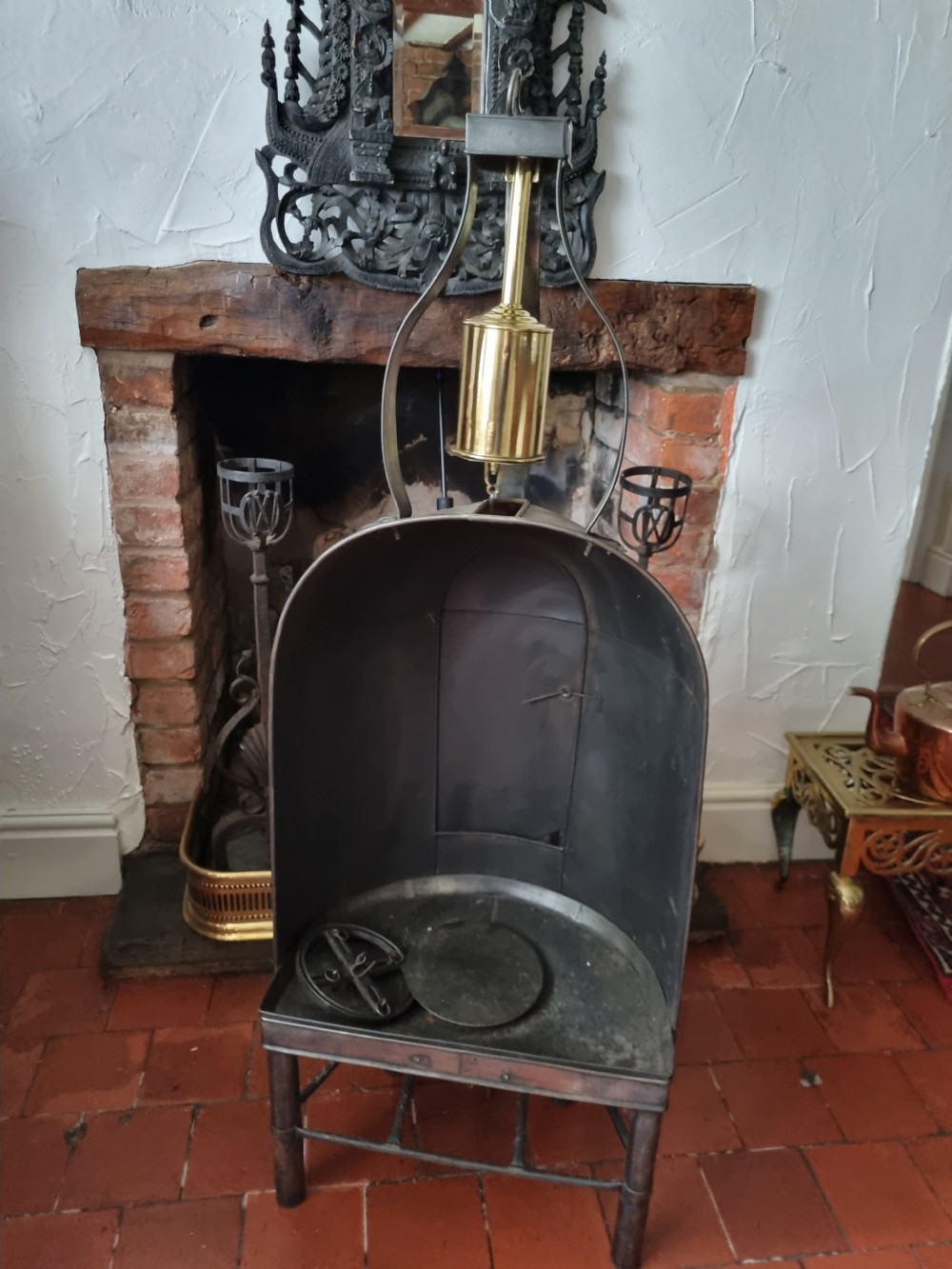 SUPERB RARE ANTIQUE BRASS COOKING SPIT AND CAGE  View II