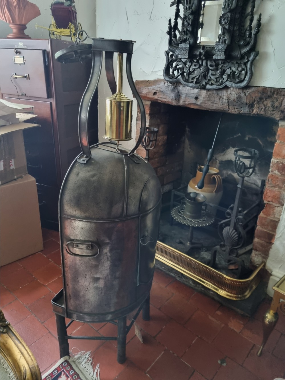 SUPERB RARE ANTIQUE BRASS COOKING SPIT AND CAGE  View VI