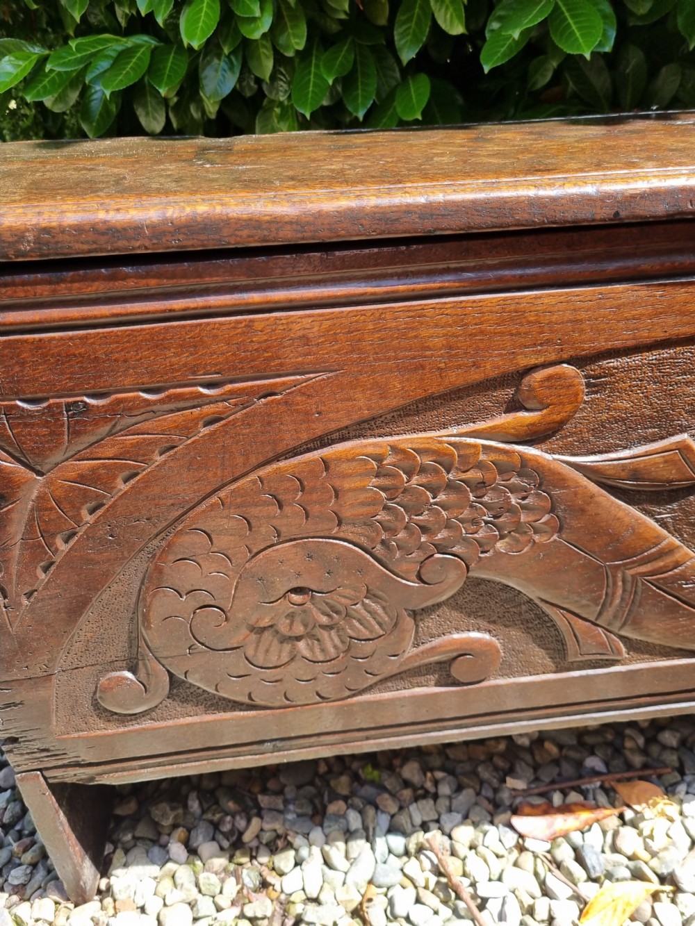 A late 17th-century dark oak coffer featuring a hinged lid, iron lockplate, and relief-carved front panel with foliate scroll motifs. View II