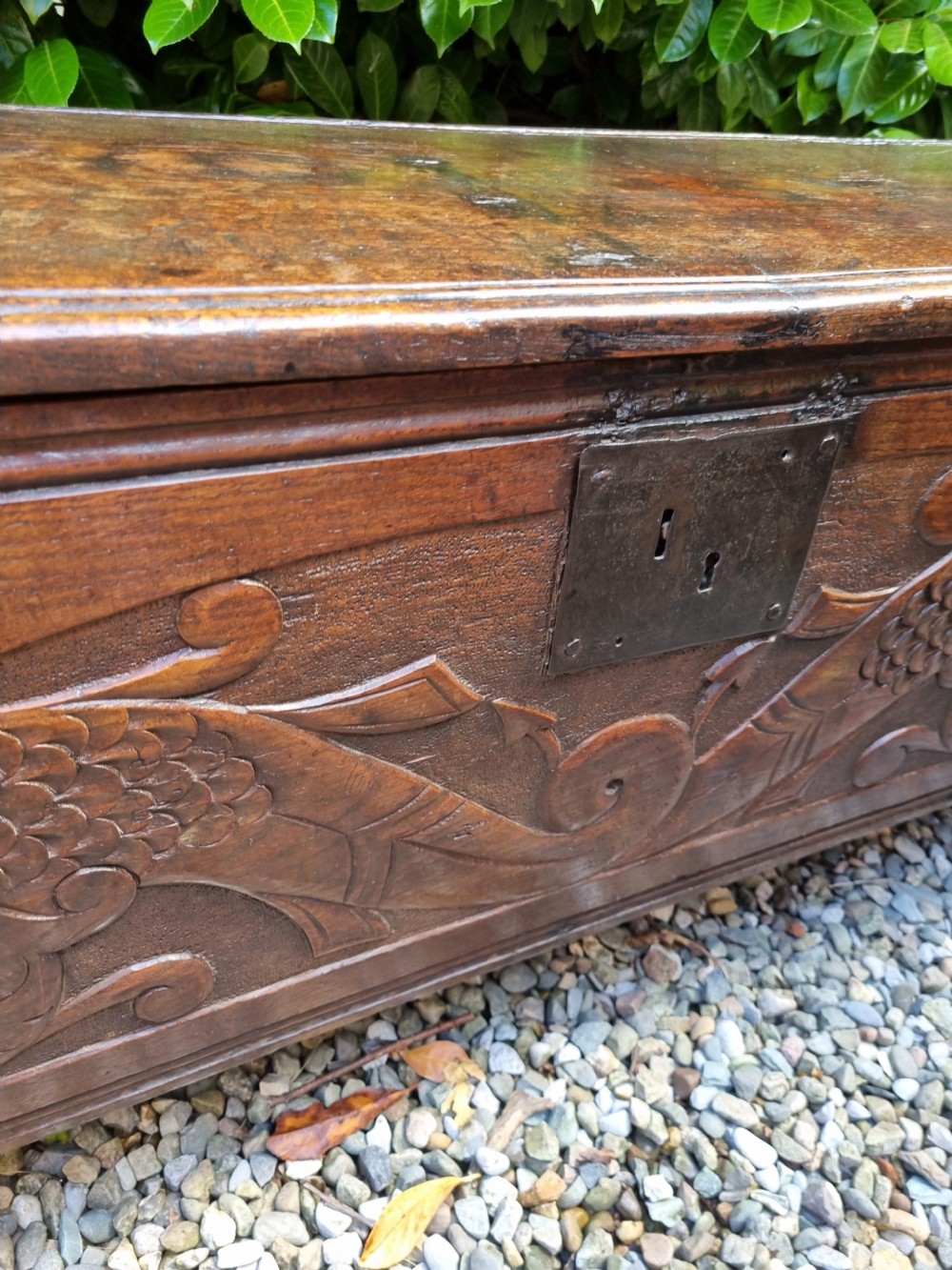 A late 17th-century dark oak coffer featuring a hinged lid, iron lockplate, and relief-carved front panel with foliate scroll motifs. View III