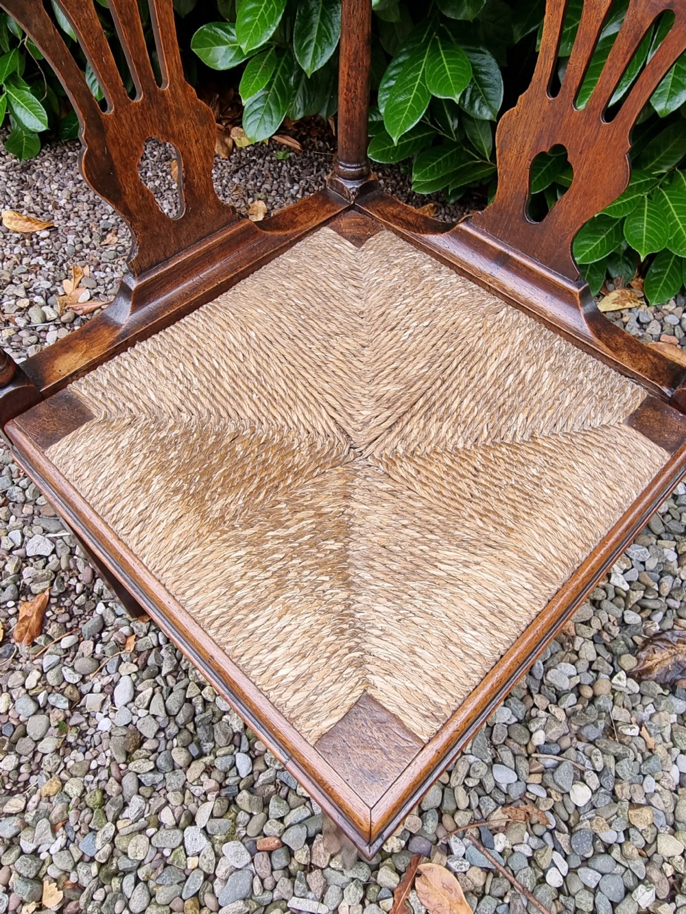 A Georgian oak corner chair featuring a curved top rail, two pierced back splats, a woven rush seat, and square legs. View IV