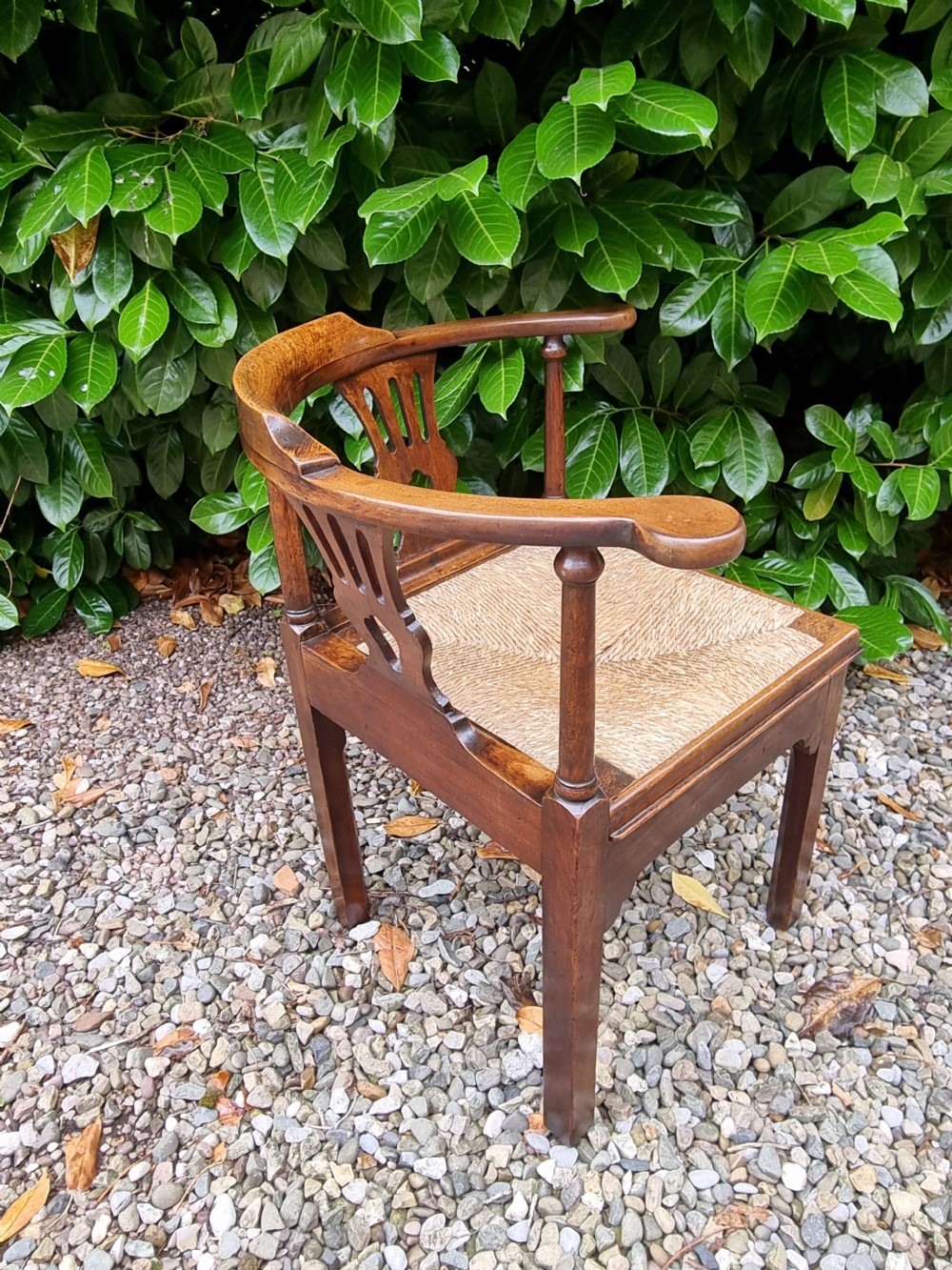 A Georgian oak corner chair featuring a curved top rail, two pierced back splats, a woven rush seat, and square legs. View V