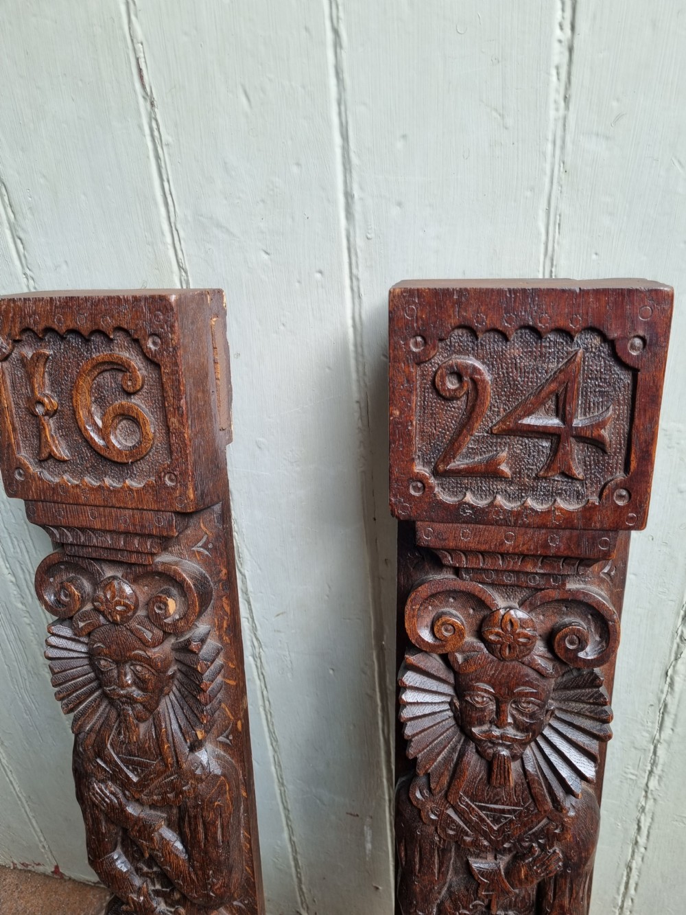 LARGE PAIR OF DATED OAK CARYATIDS 1624 View II
