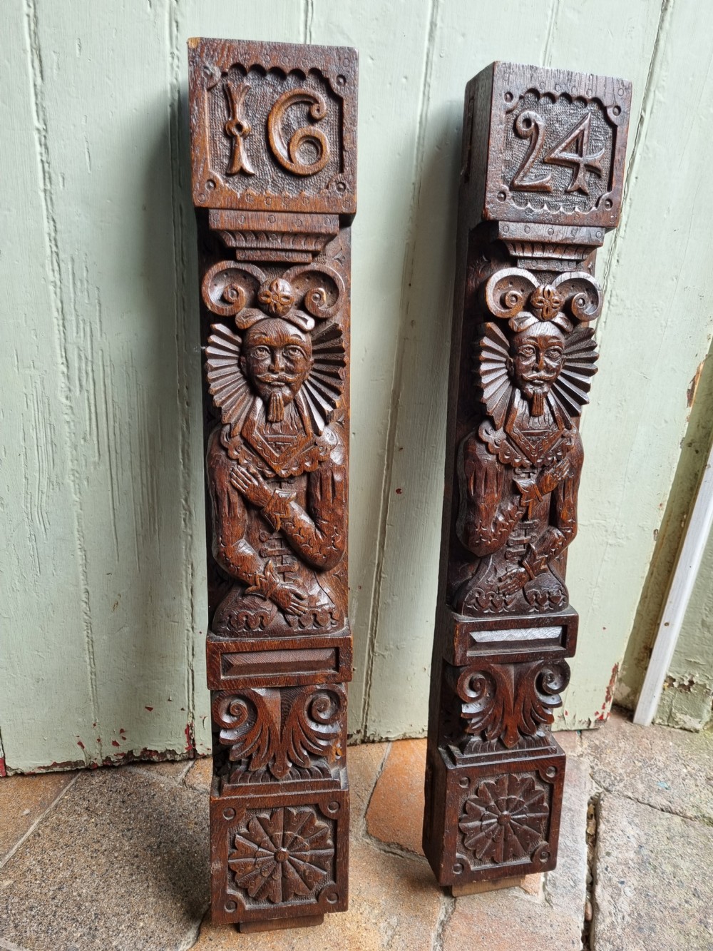 LARGE PAIR OF DATED OAK CARYATIDS 1624 View III