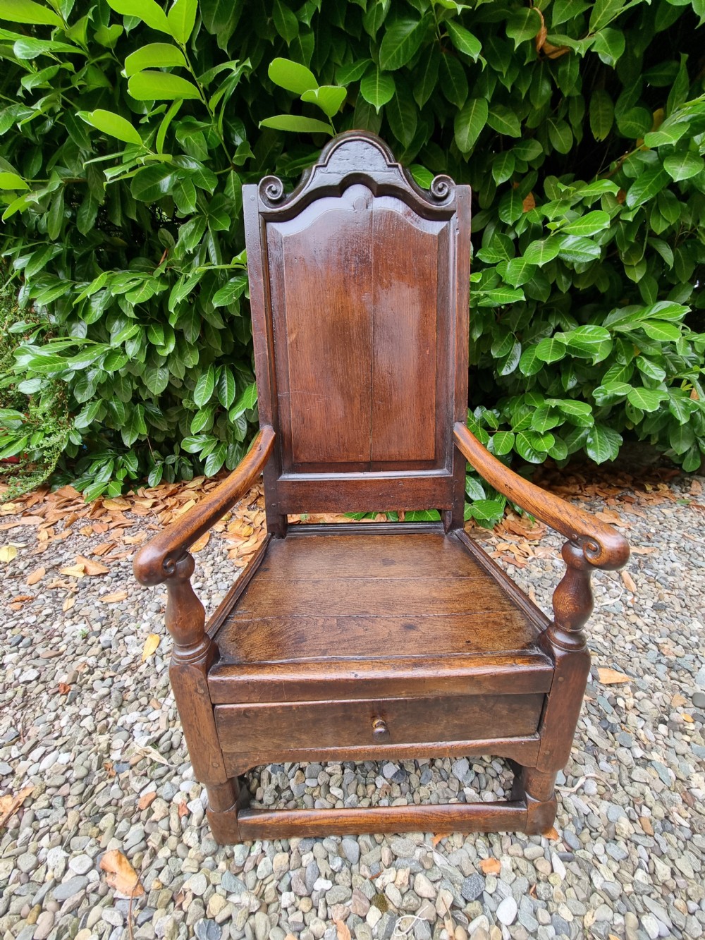 L17TH C  OAK LAMBING CHAIR WITH DRAWER  View II