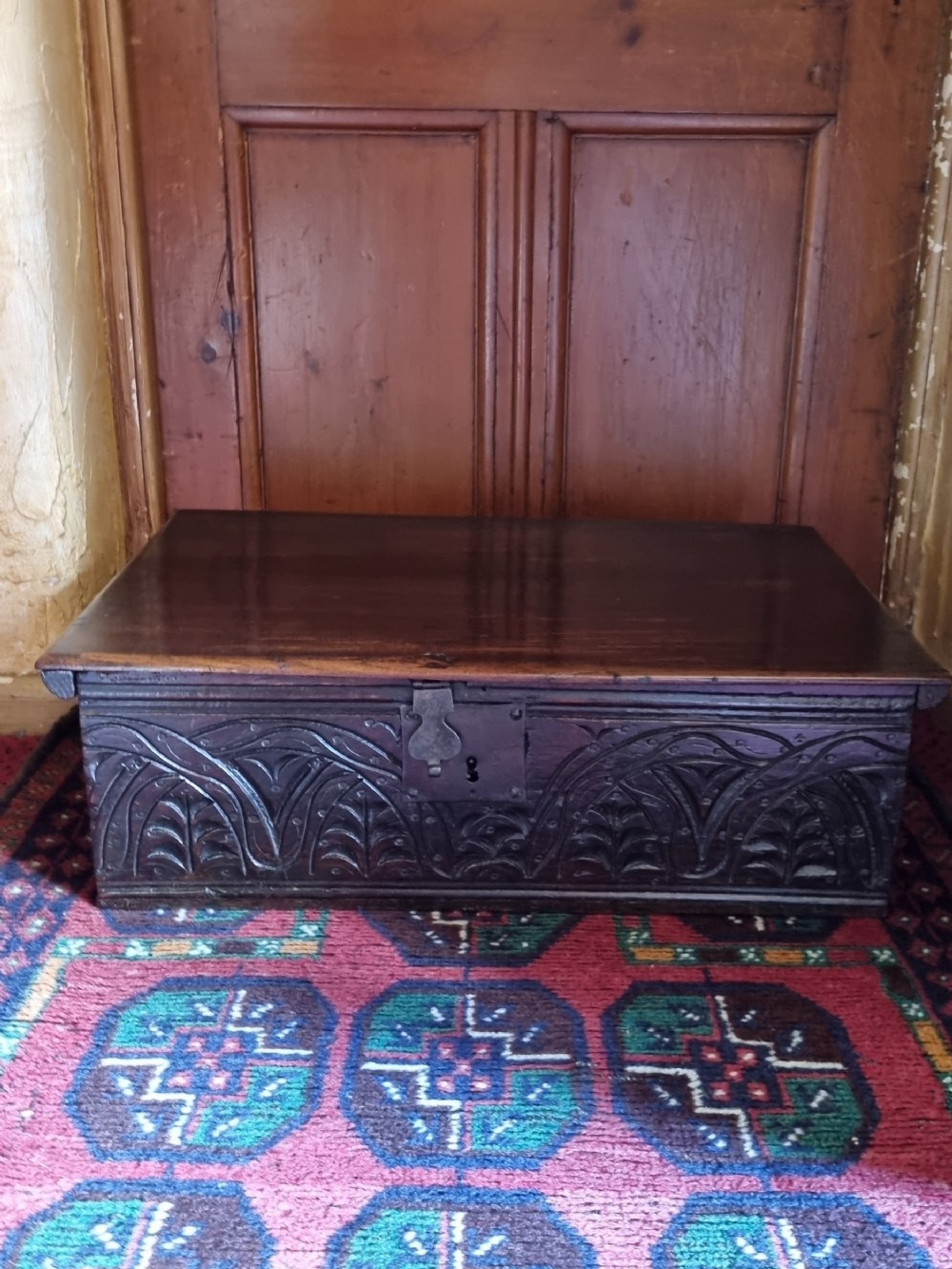 17TH C OAK BIBLE BOX WITH ORIGINAL CARVING 