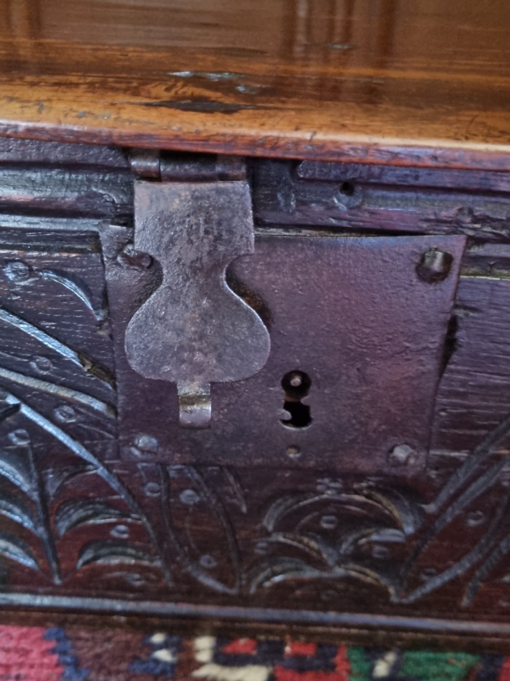 17TH C OAK BIBLE BOX WITH ORIGINAL CARVING  View III